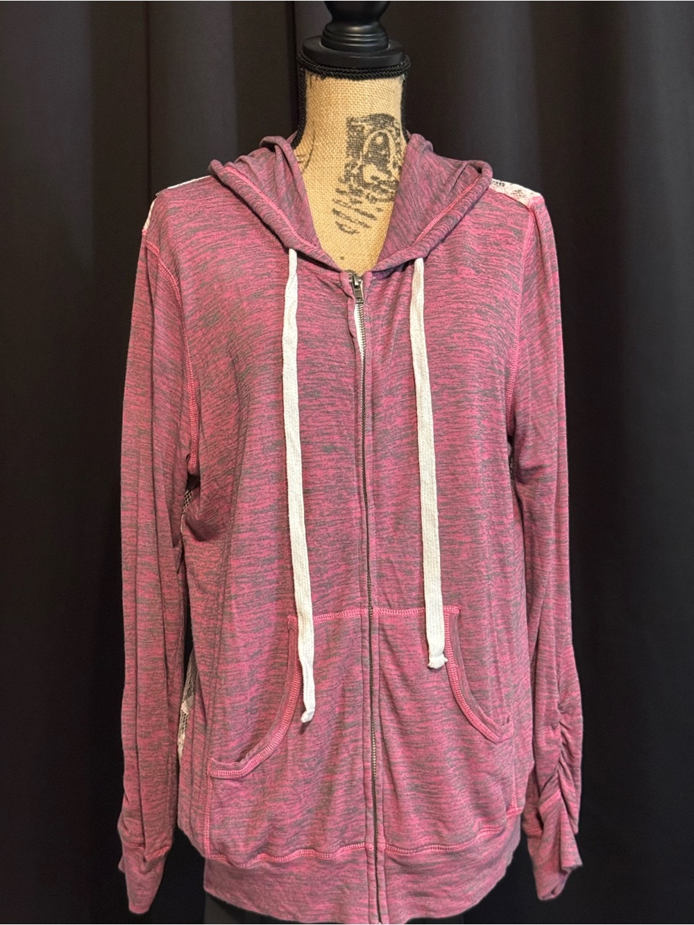 Miss Chievous Heathered Rose Zip Hoodie with White Drawstrings